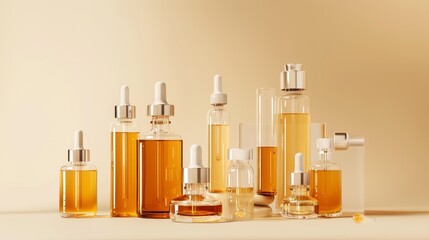 Glistening Elixir A Stunning Array of Glass Skincare Vials in a Radiant Gradient on a Luxurious Beige Background