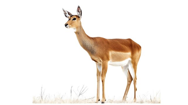 2. Create a high-resolution image of a Reedbuck showcasing its slender physique and distinct coat pattern, with a transparent background perfect for easy placement on a white backdrop. Ensure the