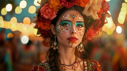 Dia De Los Muertos, La Catrina Makeup Portrait: A close-up of a woman with intricate Catrina makeup, adorned with vibrant flowers in her hair and traditional Mexican attire.
