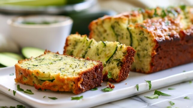 A slice of avocado oil zucchini bread a tasty way to sneak some veggies into your baked goods.