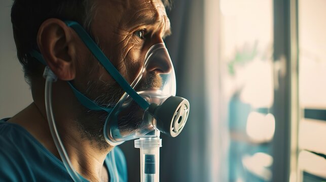 Unhealthy man wearing nebulizer mask in home Health medical equipment and people concept High quality photo : Generative AI