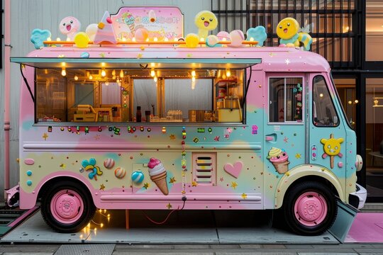 An ice cream truck decorated in soft pastel colors, creating a whimsical and inviting appearance, A whimsical ice cream truck adorned with pastel hues and cartoon characters