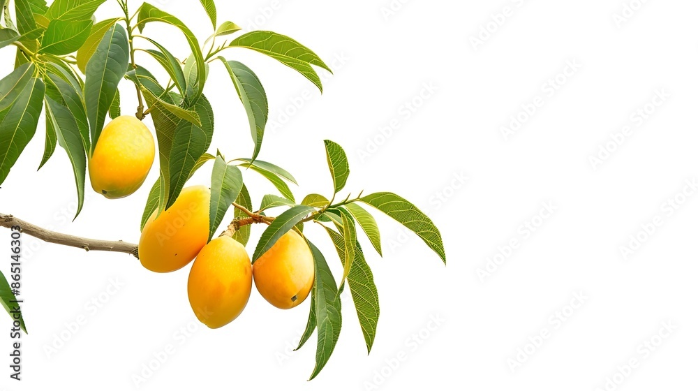 Poster sweet yellow ripe marian plum mayongchid maprang plum mango with green leaves on tree branch isolate