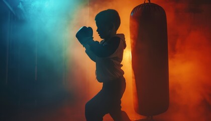 A strong teenage fighter trains on a punching bag in the gym. Silhouette of a child boxer in the gym.