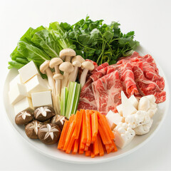 A serving of Japanese shabu-shabu hot pot ingredients including thinly sliced beef, tofu, mushrooms, and vegetables, isolated on white background.