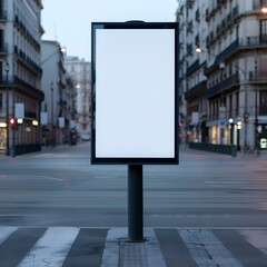 Blank billboard in an urban city street at dusk, with empty sidewalks and buildings in the background.