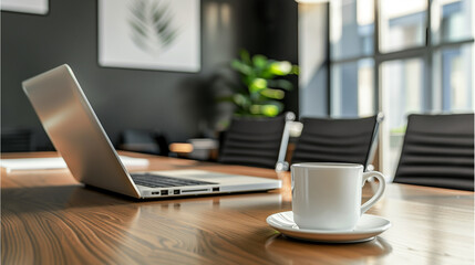 Fototapeta premium office desk with a laptop and coffee cup on a blurred background in a meeting room