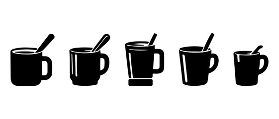 Mugs with spoon silhouette black filled vector Illustration icon. kitchen utensils silhouettes. Kitchen tools vector.