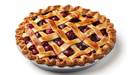 A beautifully decorated cherry pie with a lattice crust, displayed on an isolated white background, ideal for showcasing delicious desserts in promotional content