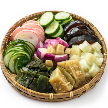 A traditional Japanese tsukemono platter with a variety of pickled vegetables such as cucumber, daikon radish, and eggplant, isolated on white background.