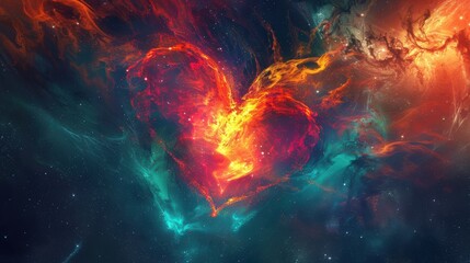 Fiery heart shaped nebula in a colorful cosmic landscape