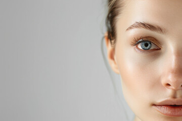 Fototapeta premium Close-up of a 30-year-old Caucasian woman with clear skin and blue eyes, highlighting beauty and skincare
