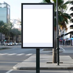Blank billboard on a city street with palm trees, perfect for outdoor advertisement. Urban setting with road and buildings in the background.