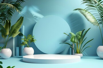 Empty podium with tropical leaves and shadows for product display. 3D rendering of pastel blue pedestal with palm trees. Mockup of platform for branding, presentation, cosmetic, banner.