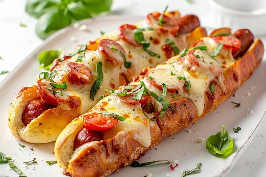 Baked Sausages with Mozzarella cheese, white background 
