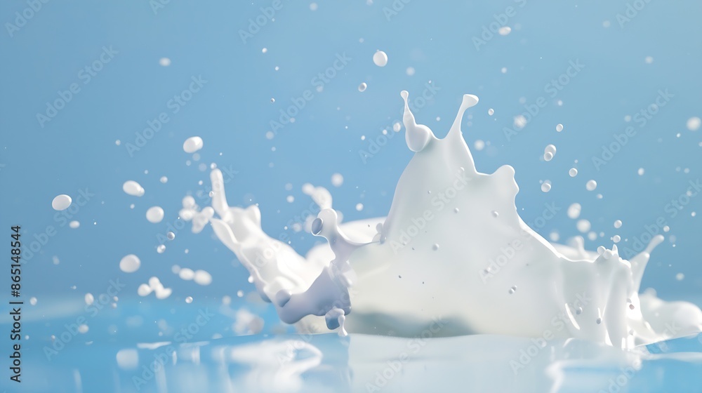 Poster Realistic milk splash splashing in milk pool with isolated on blue background : Generative AI