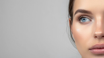 Naklejka premium Close-up of a woman's face focusing on her eye, illustrating natural beauty and healthy skin
