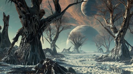 Pixelated alien landscape with strange trees and two planets