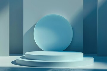 Minimalist blue podium for product display. Empty cylindrical pedestal with circle backdrop. Platform for cosmetic product presentation. 3D rendering.