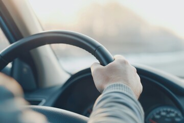 Sunrise Drive: Close-up of Hands Gripping Steering Wheel on Road Trip