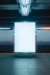 Obraz premium Blank illuminated billboard in an empty subway station with a tiled wall background, ideal for advertising or promotional content.