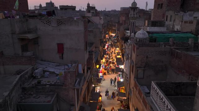 Walled City of Lahore. Evening Market near Delhi Gate, Aerial Drone Shot. Lahore, Punjab, Pakistan