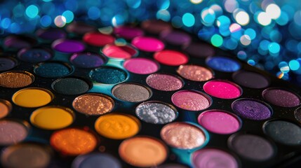 Naklejka premium Makeup palette with vibrant colors displayed, set against a stunning macro backdrop