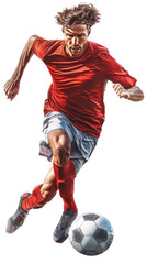 Naklejka premium A determined soccer player dribbles the ball with focus and speed.
