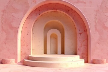 Pink and peach 3D rendering of arched doorway with podium, Minimalist abstract background for product placement and branding.