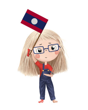 recommend clip art: Funny cute girl with flag of Laos. Bright clip art isolated