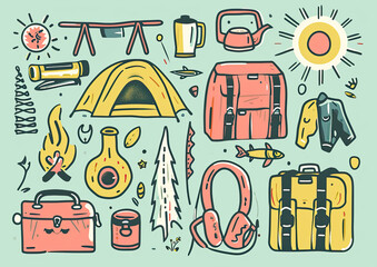 Camping and hiking gear pattern, outdoors activity, linocut vintage style illustration