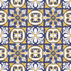 Blue and yellow Azulejos tiles. Patchwork print for wallpaper design. Traditional Portuguese Mosaic, Spanish Majolica tile decoration. Watercolor artwork, heritage. Floral, geometric