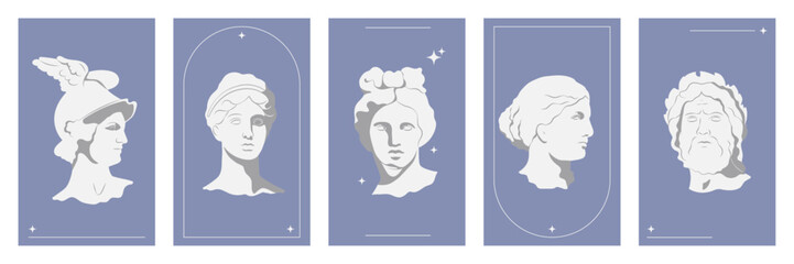 Modern aesthetic y2k ancient posters set. Greek statues, characters, head silhouettes on blue 2000s background. Vector illustration 