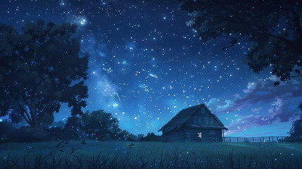 Rural house under night sky with bright stars and milky way