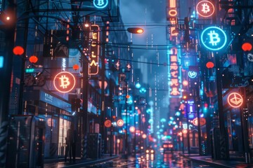 A futuristic cityscape with digital currency symbols integrated into the architecture and street signs representing the potential future of cryptocurrency in everyday life