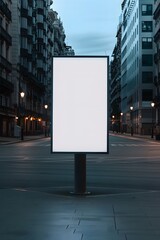 Empty billboard in a deserted urban street during dusk, perfect for mockups and commercial branding in a city environment.