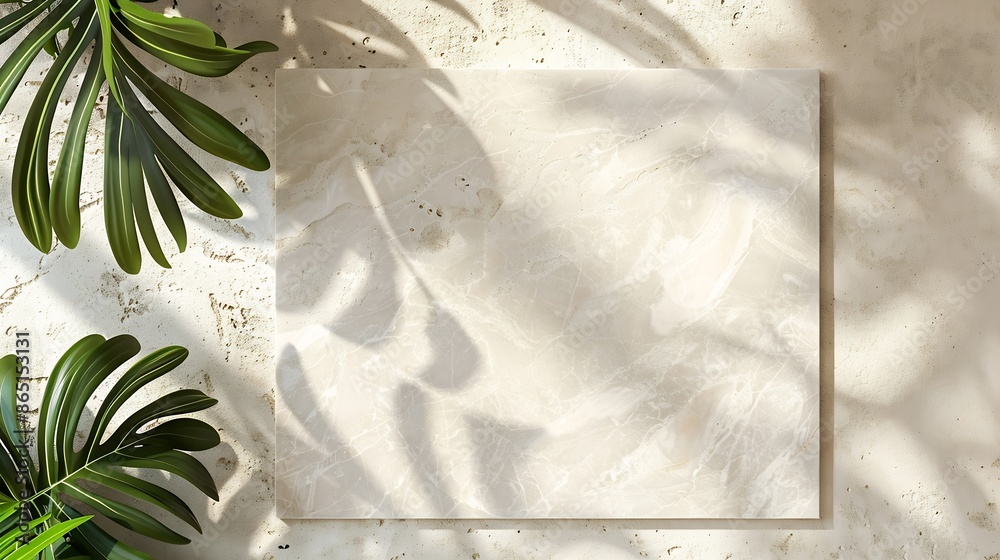 Poster Abstract empty marble board with shadows and green leaves on a beige background Layout concept for promotional product presentation sale or cosmetics display Front view and copy space : Generative AI