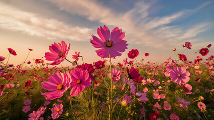 Vibrant Field of Cosmos Flowers in Bloom - 
Captivating Floral Landscape. Generative Ai