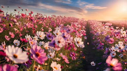 Obraz premium Vibrant Field of Cosmos Flowers in Bloom - Captivating Floral Landscape. Generative Ai