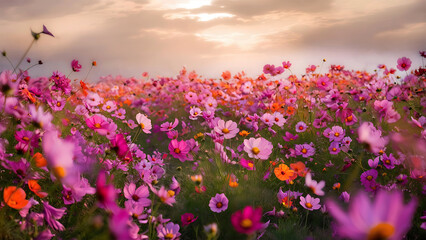 Obraz premium Vibrant Field of Cosmos Flowers in Bloom - Captivating Floral Landscape. Generative Ai