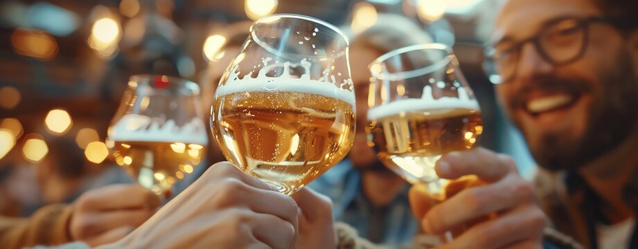 Semi-close-up of a group of friends toasting for International Beer Day with joyful expressions and copy space