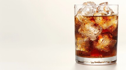 A Glass of Cola with Ice Cubes on a White Background