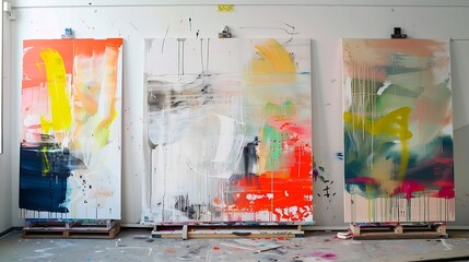 Three contemporary abstract paintings on the art studio Nonfigurative abstract paintings of the same artistic series with colorful stains and strong brush texture : Generative AI