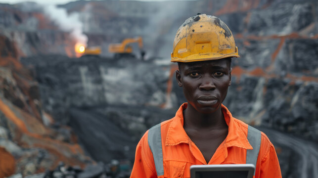 African miner with tablet examines plan for the day