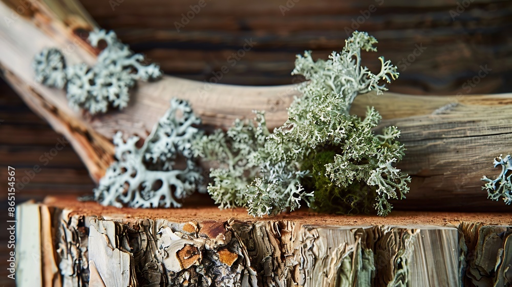 Poster abstract north nature scene with a composition of lichen pine branches and dry snags place your prod