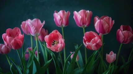 Pink tulips contrasted against a dark backdrop