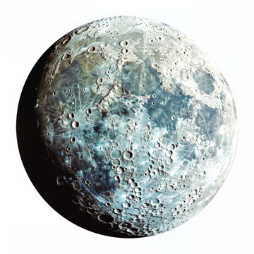 A cratered moon orbiting a distant planet, with its rugged surface and various impact craters, isolated on white background.