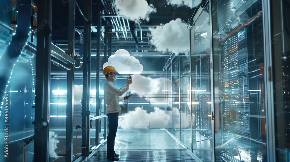 Fototapete Engineer uploading cooling system operation data to cloud computing system which modern industrial machines can operated controlled remotely via virtual interface IoT and modern indust : Generative AI