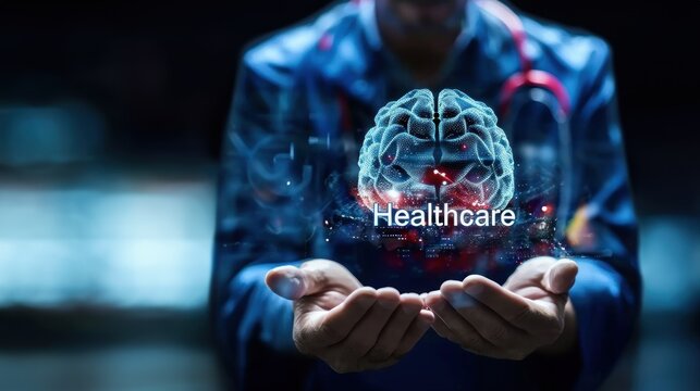 A doctor holding an exploding digital brain with the word healthcare showing medical technology and innovation concept