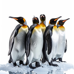 Fototapeta premium A group of penguins standing together on an icy surface, their black and white bodies contrasting the background, isolated on white background.